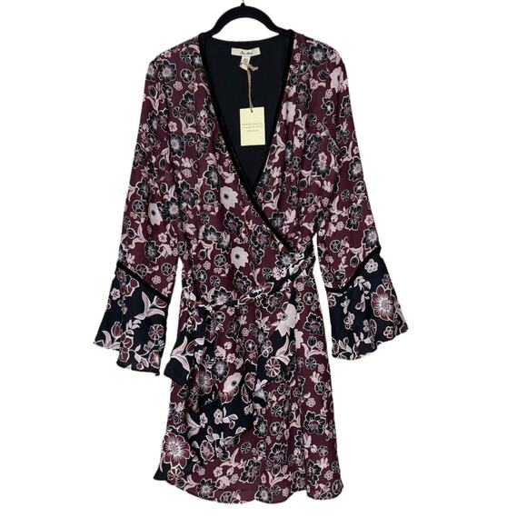 NWT Ella Moon Lena Ruffled Sleeve V- Neck Wrap Dress Women's Medium Maroon,Black - Picture 3 of 16